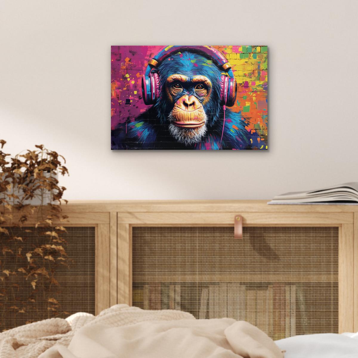METALLBILD Graffiti - Schimpanse - Straßenkunst - Kopfhörer - Affe 30x20 cm - Blau, Metall (30/20cm) - MuchoWow