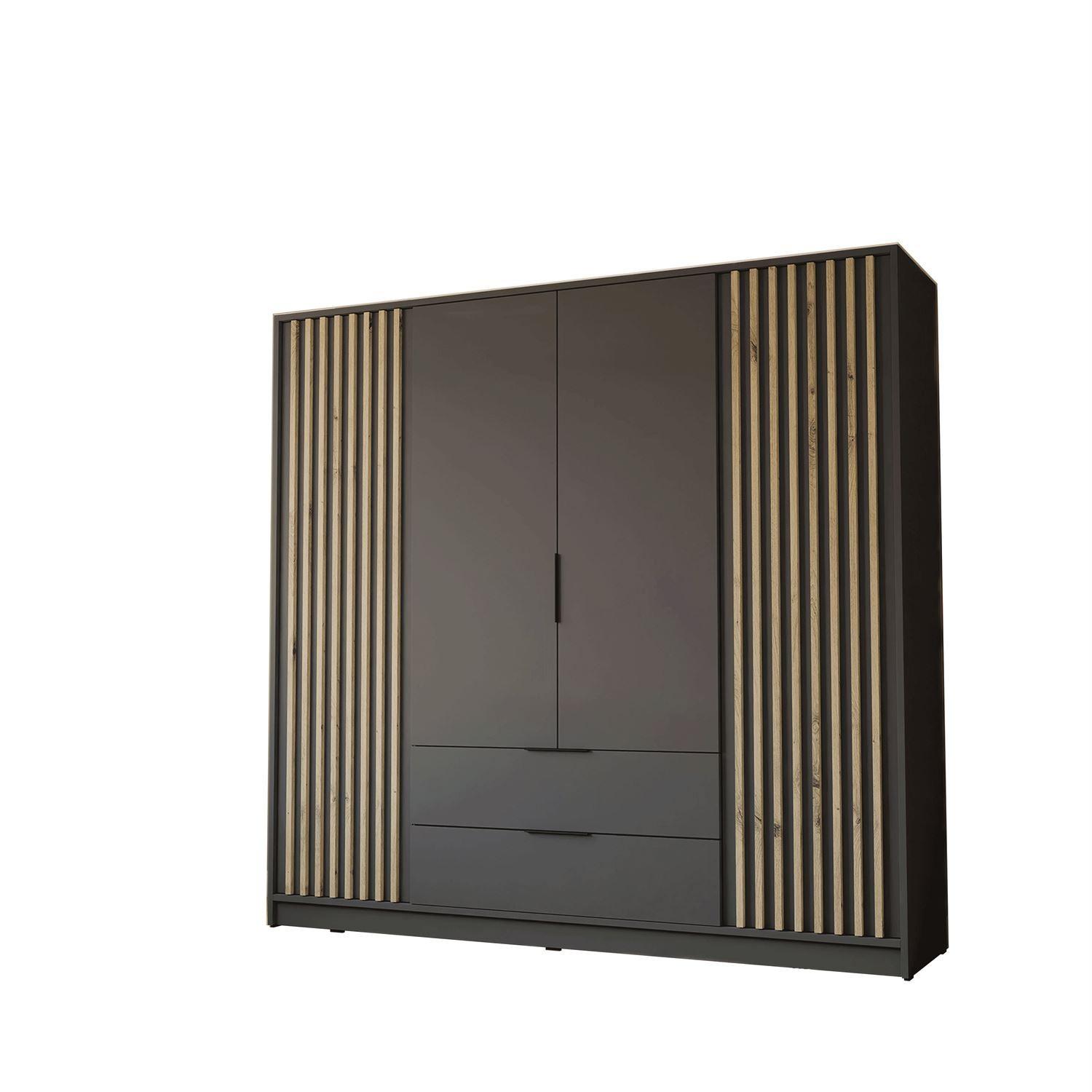 KLEIDERSCHRANK NELA, viertürig mit Lamellen, 206 cm, Graphit/Artisan - Graphitfarben, Holzwerkstoff (206/200/51cm) - Lookway