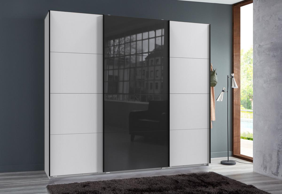 SCHWEBETÜRENSCHRANK 3-türig B225/H236/T64 cm extrahoch in Weiß, Kleiderschrank mit einer Glasfront-Tür in Schwarz / 22543 - Schwarz Hochglanz/Goldfarben, Holzwerkstoff/Metall (225/236/64cm) - luma-home
