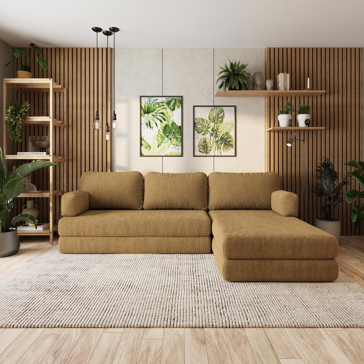 ECKSOFA LEA modulares Boneless Sofa mit Schlaffunktion Orange Boucle-Stoff - Gelb, Textil (270/160cm) - MASSENO