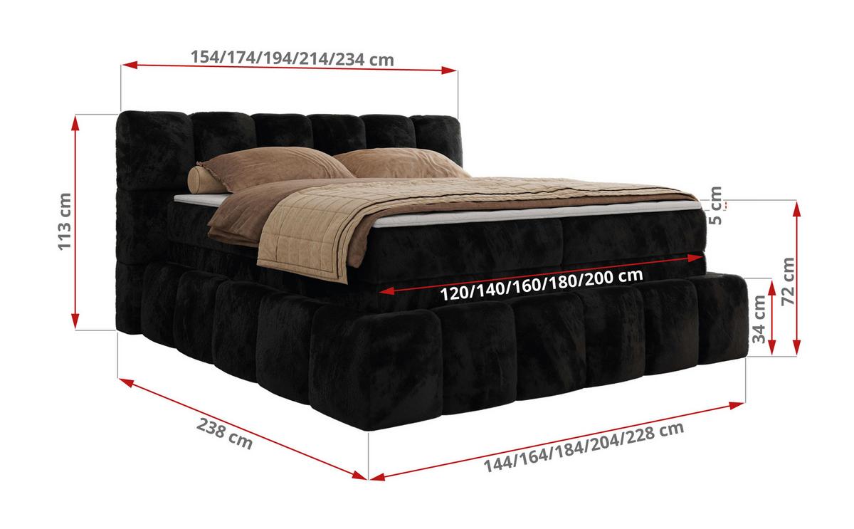 BOXSPRINGBETT NIRA KING 160/200 Schwarz Plüsch - H3 - Schwarz, Holz/Textil (160/200cm) - MKS