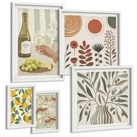 BILDER SET 5er Set - 50x50 cm & 20x30 cm & 40x60 cm Weißer Rahmen - Blumenmuster in Orange und Grün - Weiß, Kunststoff (40/60cm) - TULUP