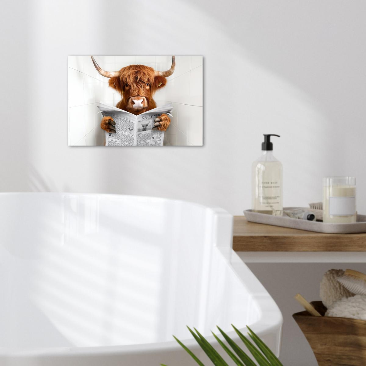 LEINWANDBILD Schottischer Highlander - Tier - Zeitung - Toilette Deko Schlafzimmer 30x20 cm - Kastanienfarben, Textil (30/20cm) - MuchoWow
