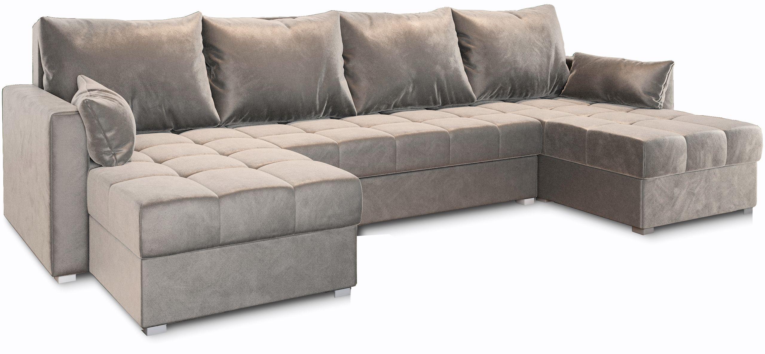 WOHNLANDSCHAFT NAKO Beige Plüsch-Stoff mit Schlaffunktion - Beige/Grau, Holz/Kunststoff (285/85/140cm) - MASSENO