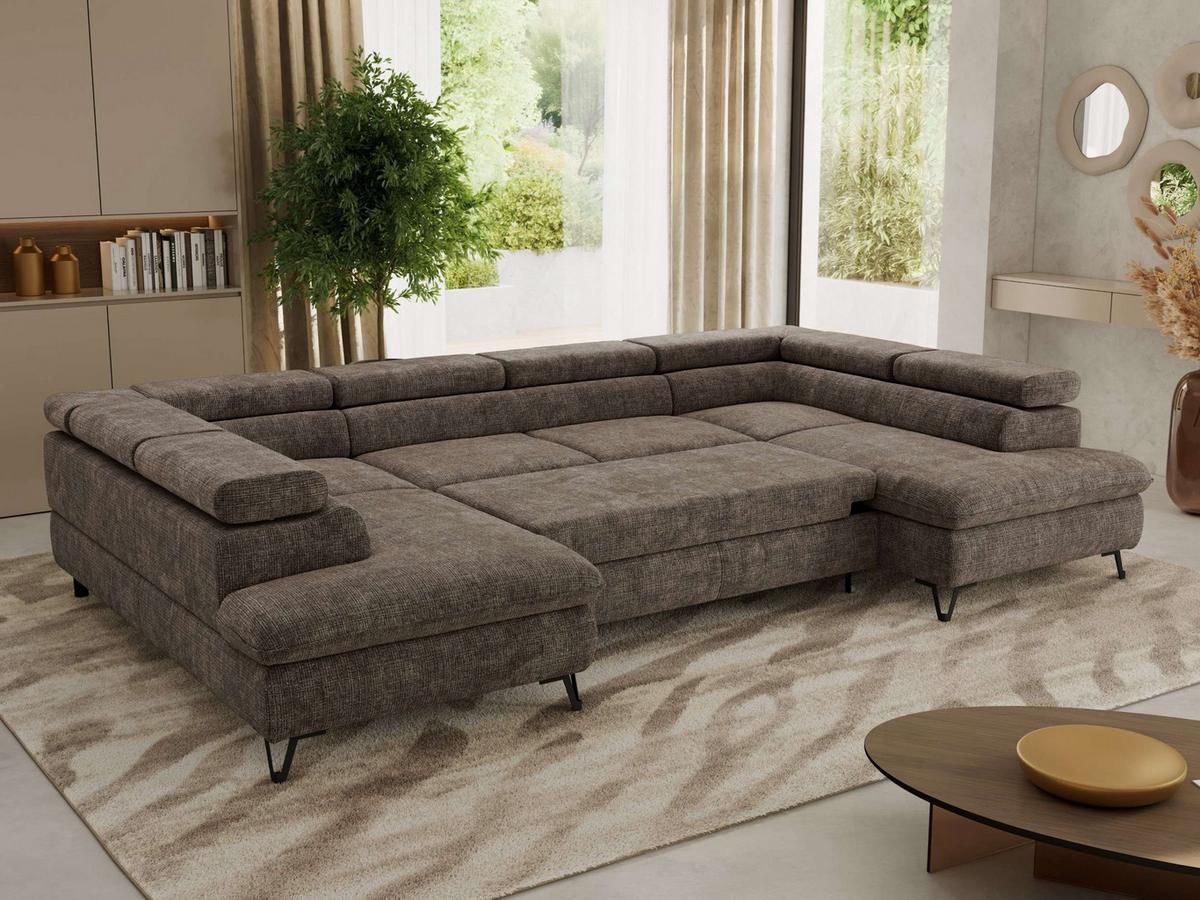 WOHNLANDSCHAFT PABLO U Schenille grob gewebt Braun - Schwarz/Braun, Textil/Metall (346/76/208cm) - MKS