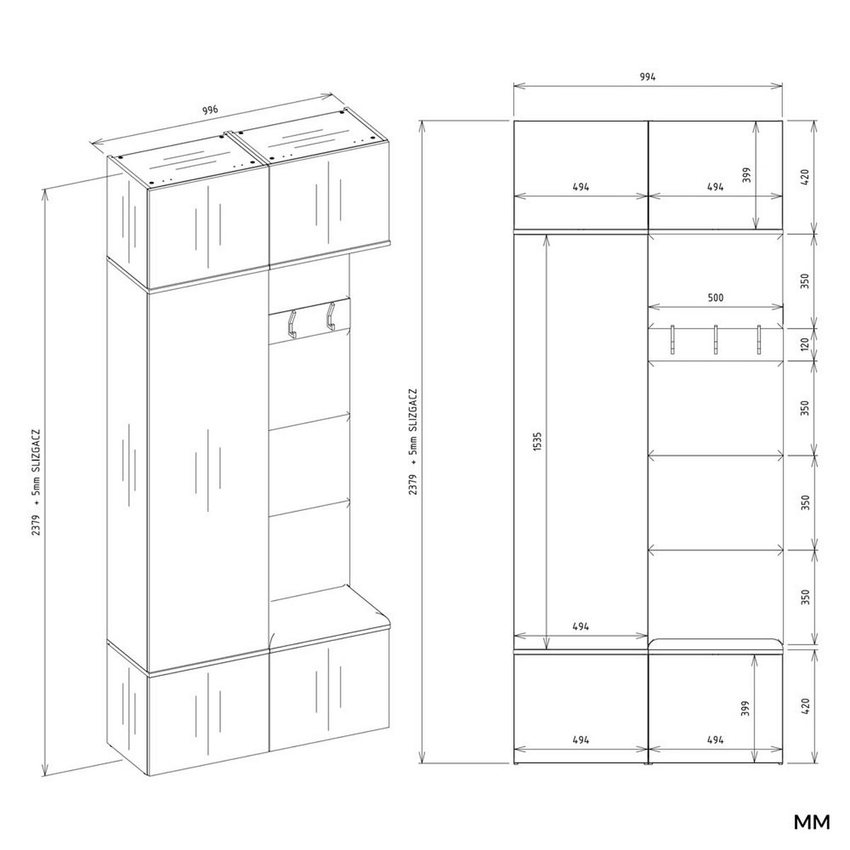 GARDEROBE - Doppelter Flurhänger mit Sitzbank, Haken & Oberschränken Sonoma Eiche 100/238/35 - Sonoma Eiche, Holzwerkstoff (100/238/35cm) - RAUMHIRSCH FURNITURE