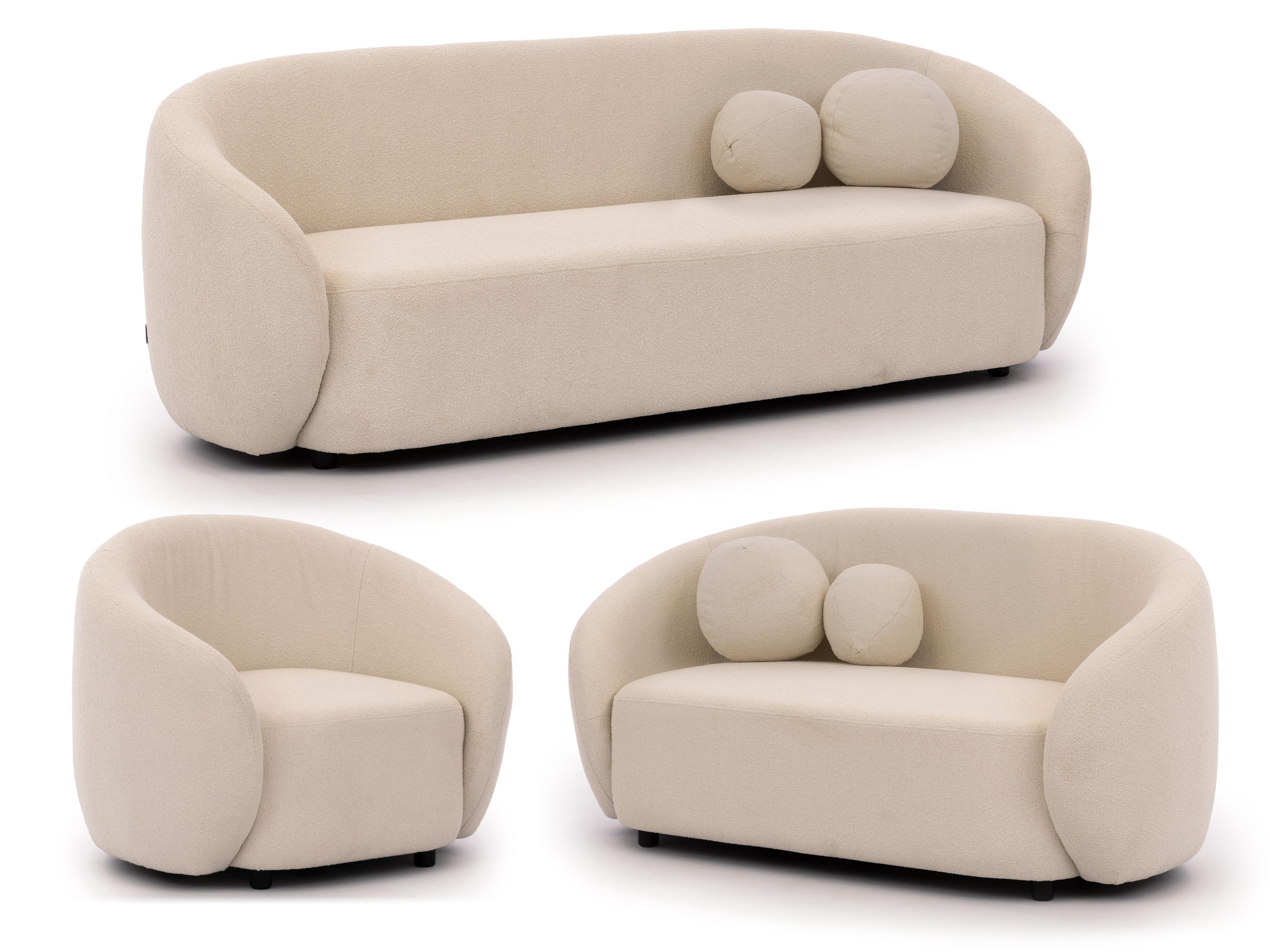 SITZGARNITUR 3+2+1 Roundi Cremeweiß Bouclé - Creme/Schwarz, Holz/Kunststoff (208/76/80cm) - S-Style
