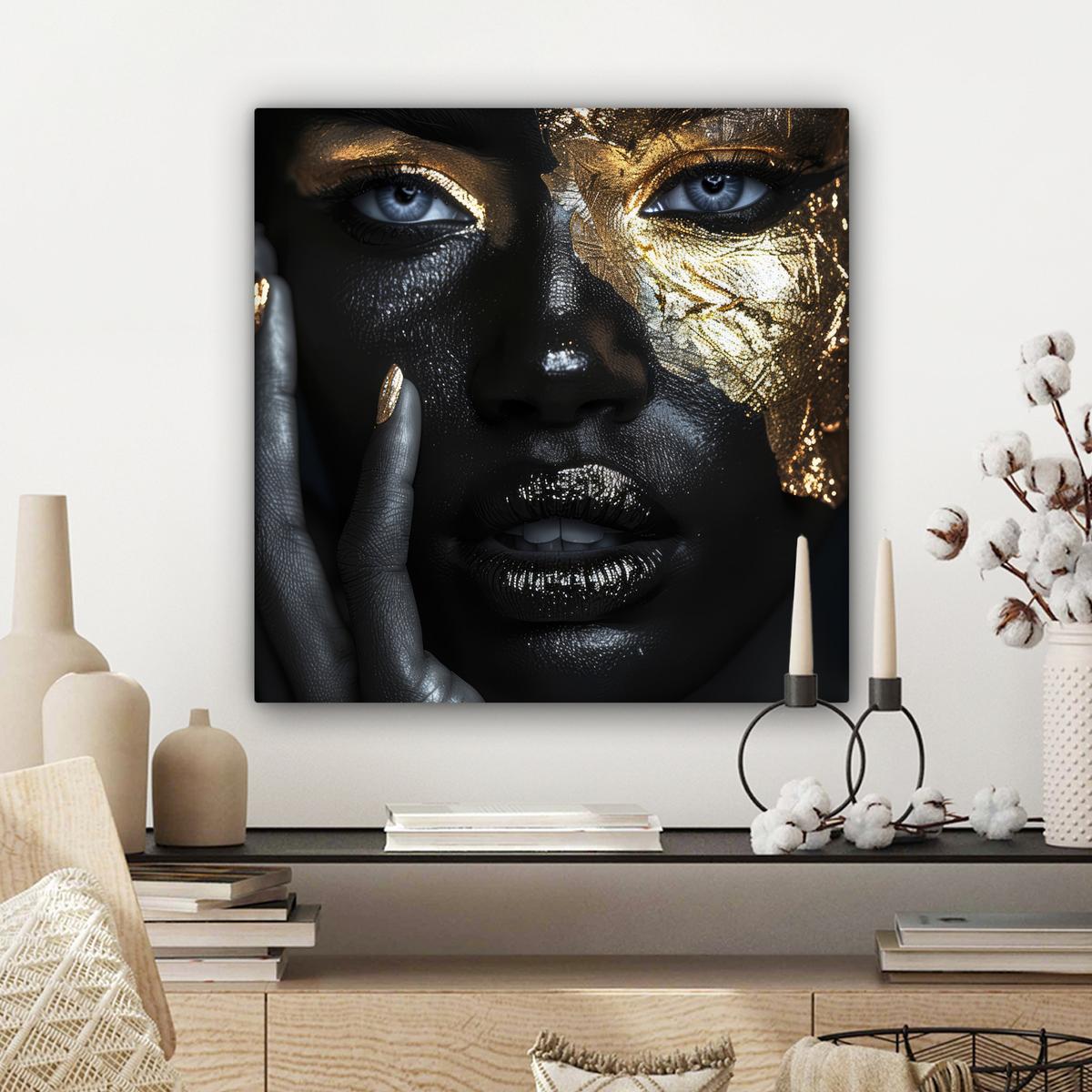 LEINWANDBILD Frau - Gold - Porträt - Schwarz-Weiß - Luxus Wandbild Wohnzimmer 50x50 cm - Hellblau, Textil (50/50cm) - MuchoWow