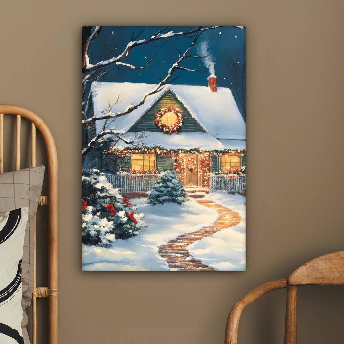 LEINWANDBILD Weihnachten - Weihnachtsbaum - Winter - Zuhause - Schnee Wanddeko 40x60 cm - Smaragdgrün, Textil (40/60cm) - MuchoWow