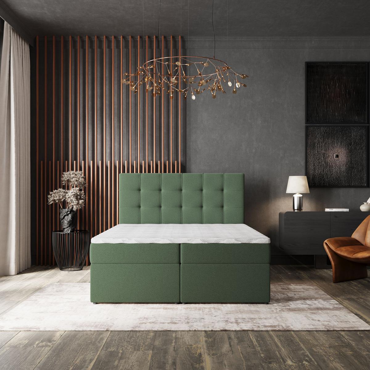BOXBETT PALMA 140x200 cm mit Matratze und Topper, H2+H3 - Grün - Grün, Holz (140/200cm) - MASSENO