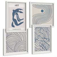 BILDER SET 4er Set - 50x50 cm & 40x60 cm Weißer Rahmen - Abstrakte blaue Linien - Weiß, Kunststoff (50/50cm) - TULUP