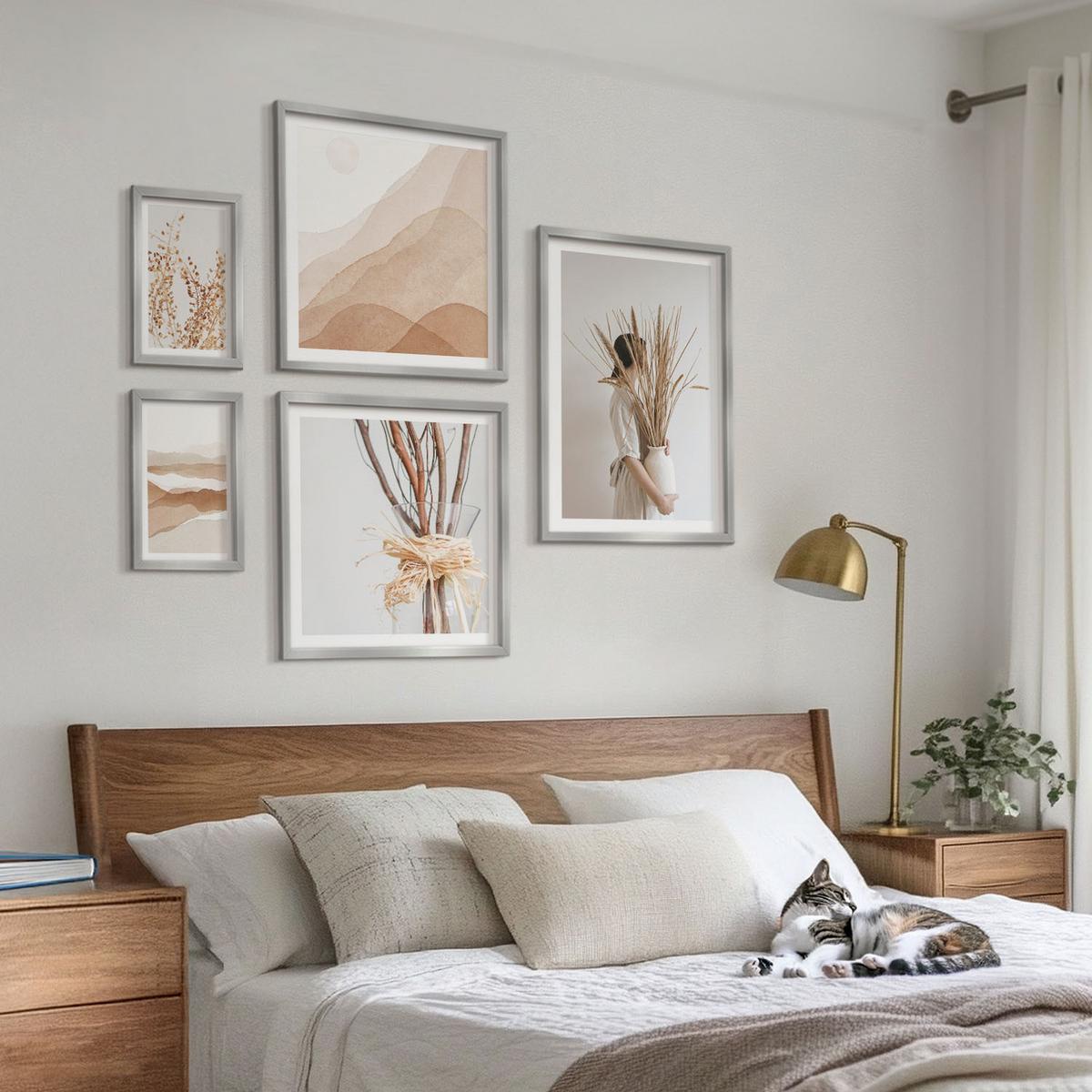 BILDER SET 5er Set - 50x50 cm & 20x30 cm & 40x60 cm Silberner Rahmen - Pflanzenmotive im Boho-Stil - Silberfarben, Kunststoff (40/60cm) - TULUP