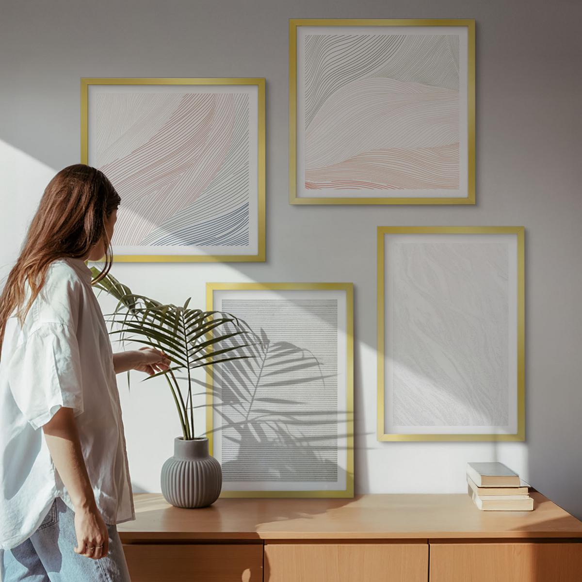 BILDER SET 4er Set - 50x50 cm & 40x60 cm Goldrahmen - Leuchtende Strukturen, Sandmuster - Goldfarben, Kunststoff (50/50cm) - TULUP