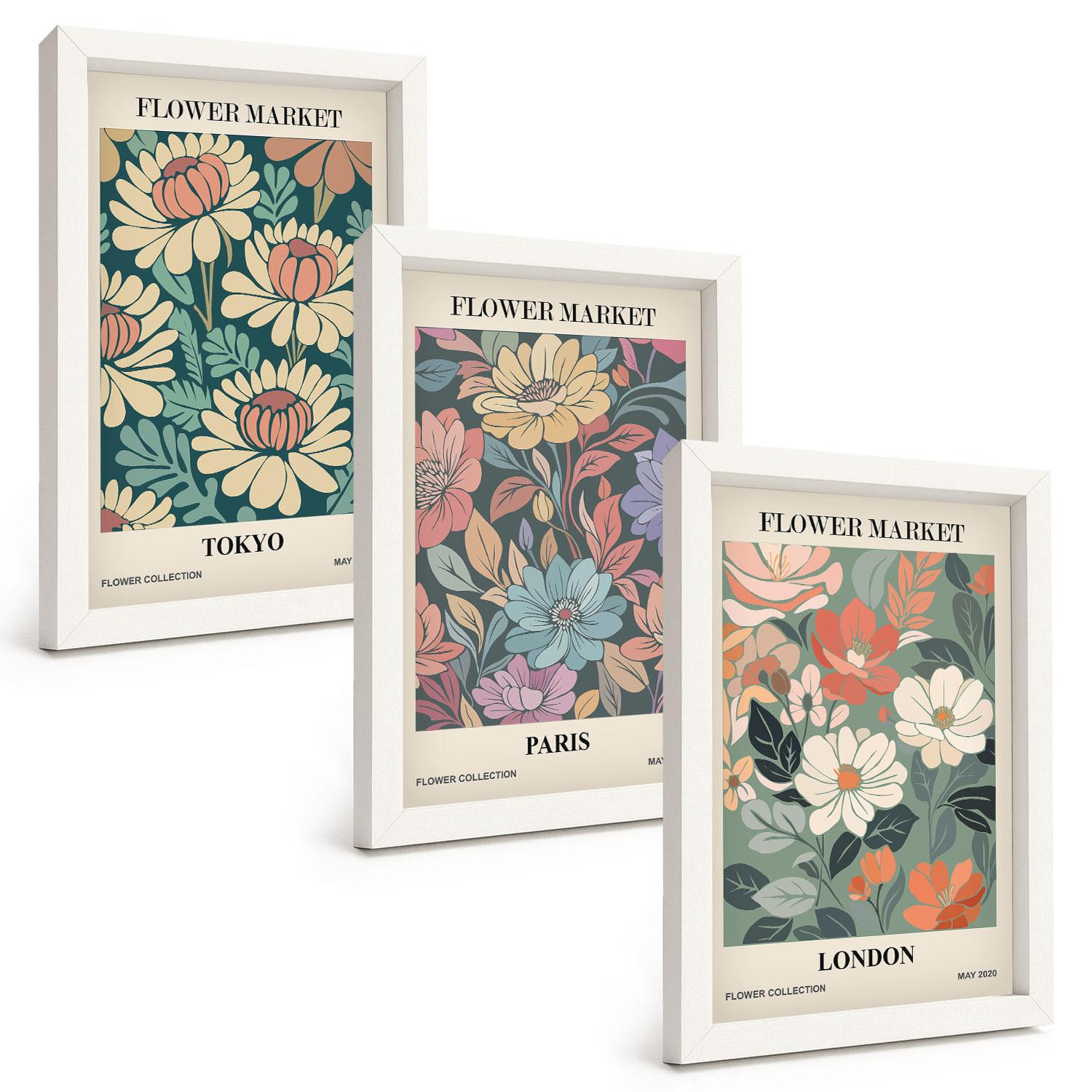BILDER SET 3er Set - 20x30 cm Weißer Rahmen - Blumenposter Tokio Paris London - Weiß, Kunststoff (20/30cm) - TULUP