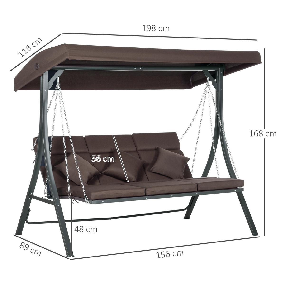 HOLLYWOODSCHAUKEL 3-Sitzer Gartenschaukel Verstellbares Dach Texteline Braun - Braun, Metall (118/168/198cm) - Outsunny