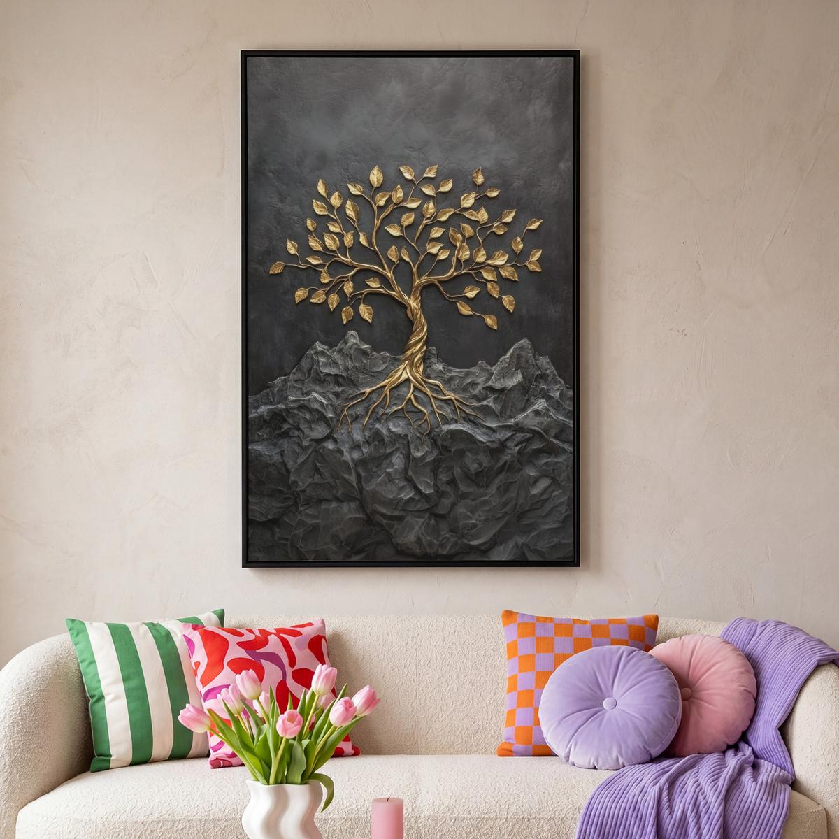LEINWAND Bilder mit Rahmen - Blätter - Gold - Baum - Fels - 80x120 - Schwarz, Textil (80/120cm) - MuchoWow