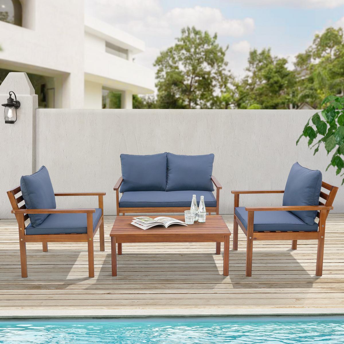 GARTENMÖBEL-SET 4 TLG. Brittoli - Grau/Akaziefarben, Holz/Textil - [en.casa]