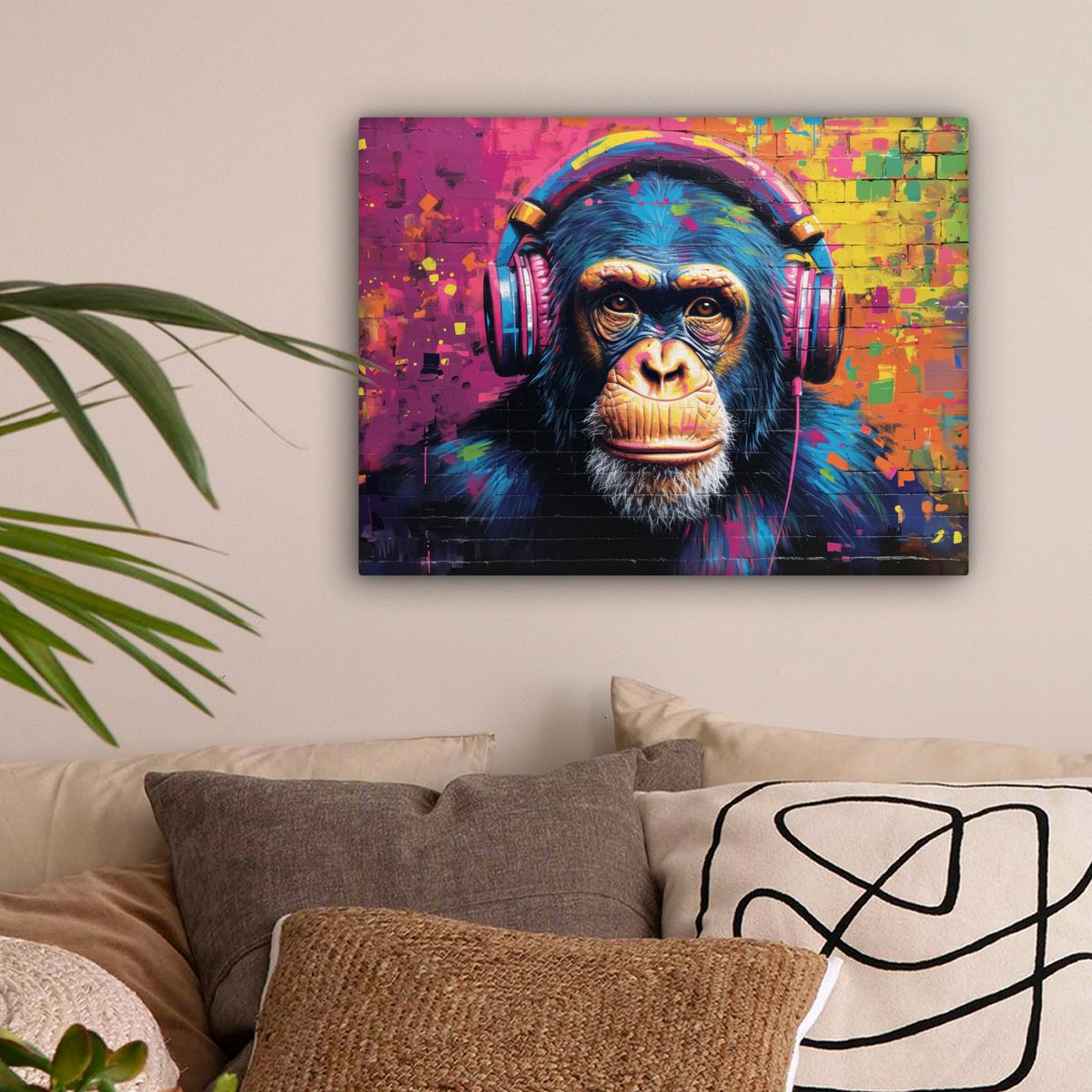 LEINWANDBILD Graffiti - Schimpanse - Straßenkunst - Kopfhörer - Affe Wandbild 40x30 cm - Blau, Textil (40/30cm) - MuchoWow
