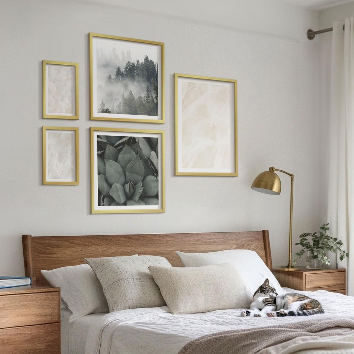 BILDER SET 5er Set - 50x50 cm & 20x30 cm & 40x60 cm Goldrahmen - Steinpastellmarmor - Goldfarben, Kunststoff (40/60cm) - TULUP