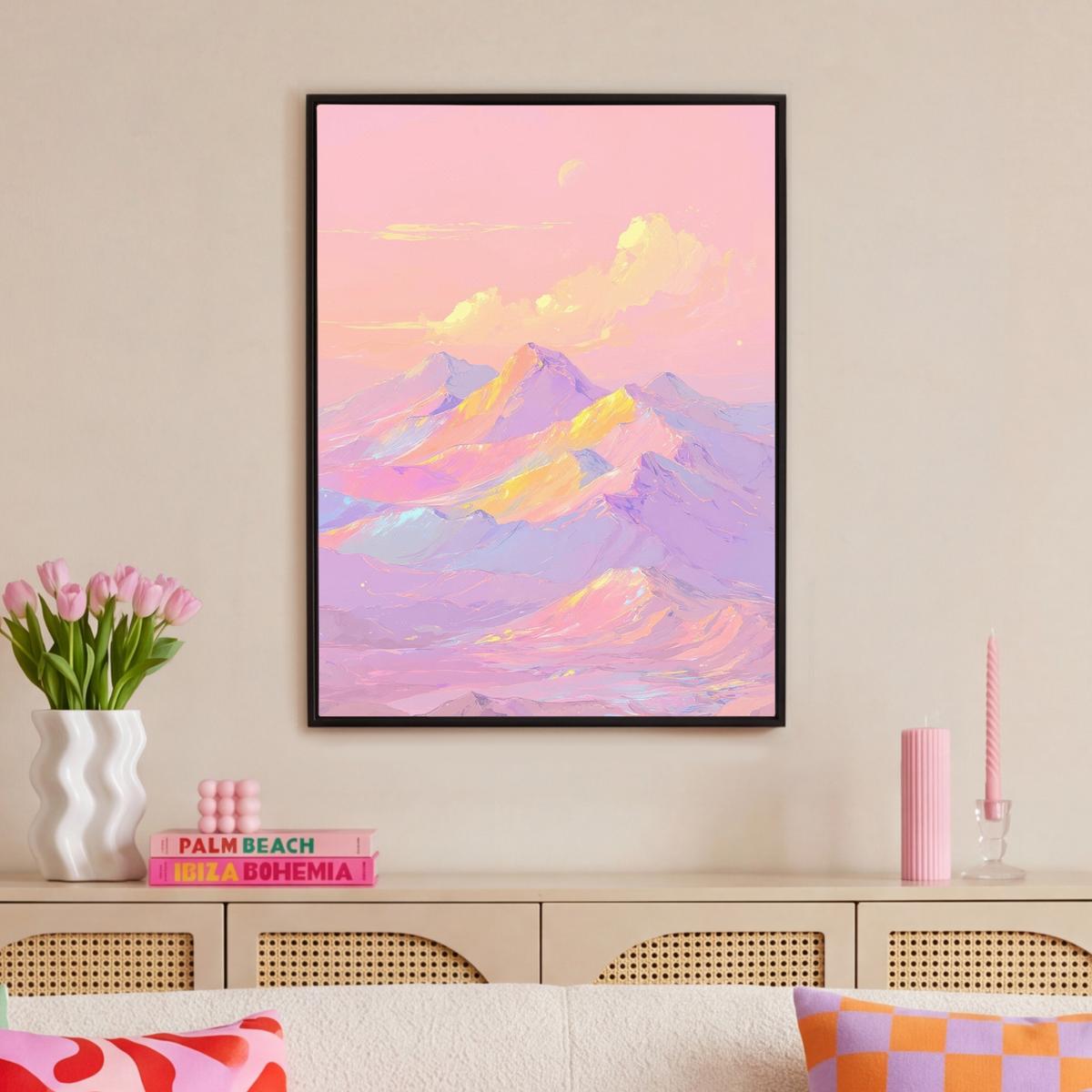 LEINWAND Bilder mit Rahmen - Berggipfel - Wolken - Verträumt - 70x100 - Hellrosa, Textil (70/100cm) - MuchoWow