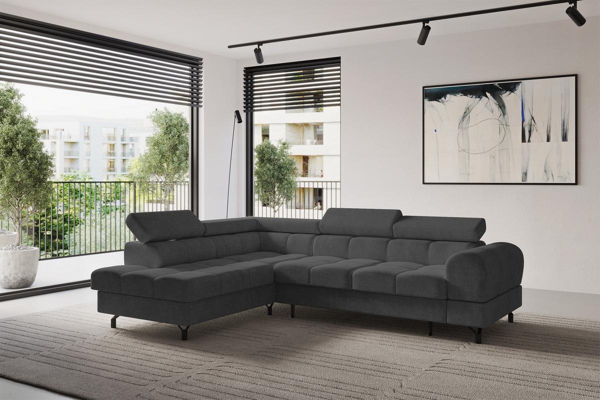ECKSOFA mit Schlaffunktion Ottomane Links LUMA-L 272x203x70 Dunkelgrau Velours - Dunkelgrau/Schwarz, Holzwerkstoff/Kunststoff (272/203cm) - ALTDECOR