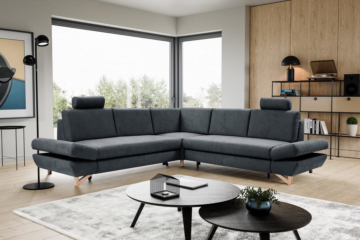ECKSOFA CASA III L-S Anthrazit Plüsch-Stoff mit Schlaffunktion - Anthrazit, Holz (272/272cm) - MASSENO