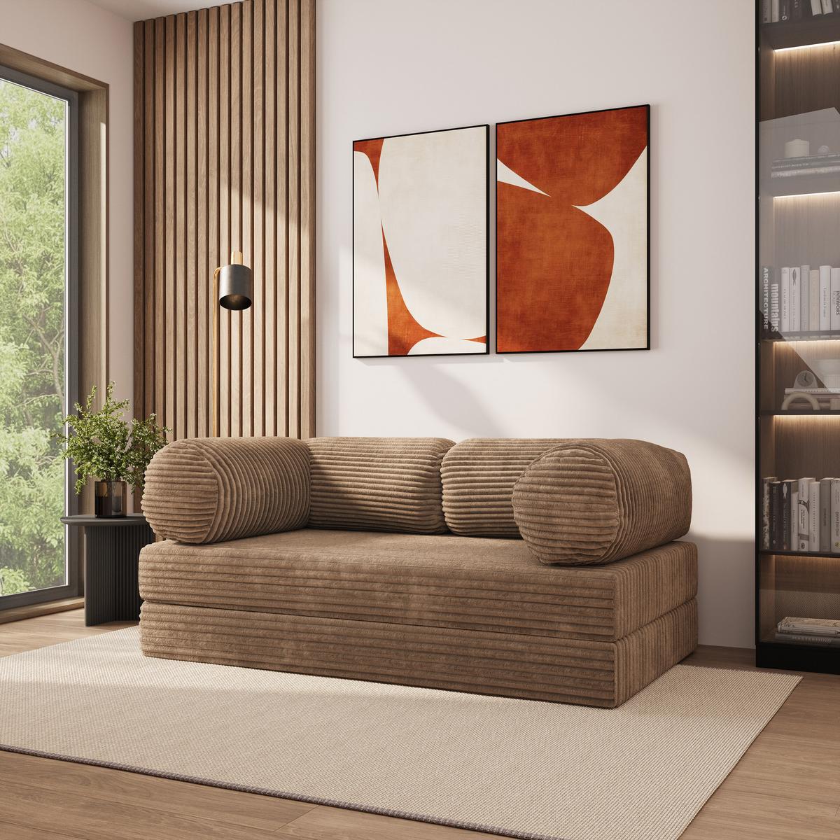 BETTSOFA ALVIO aus Schaumstoff Kordstoff Beige Schlaffunktion - Beige, Textil (170/68/80cm) - MASSENO