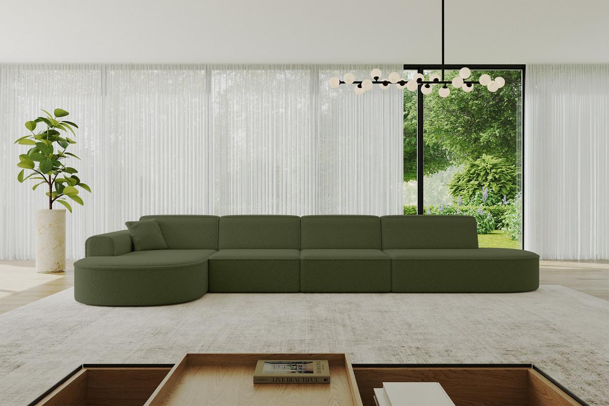ECKSOFA Ottomane Links MARI-L3 - 413x171x79 cm Grün Bouclé - Schwarz/Grün, Holzwerkstoff/Kunststoff (165/406cm) - ALTDECOR