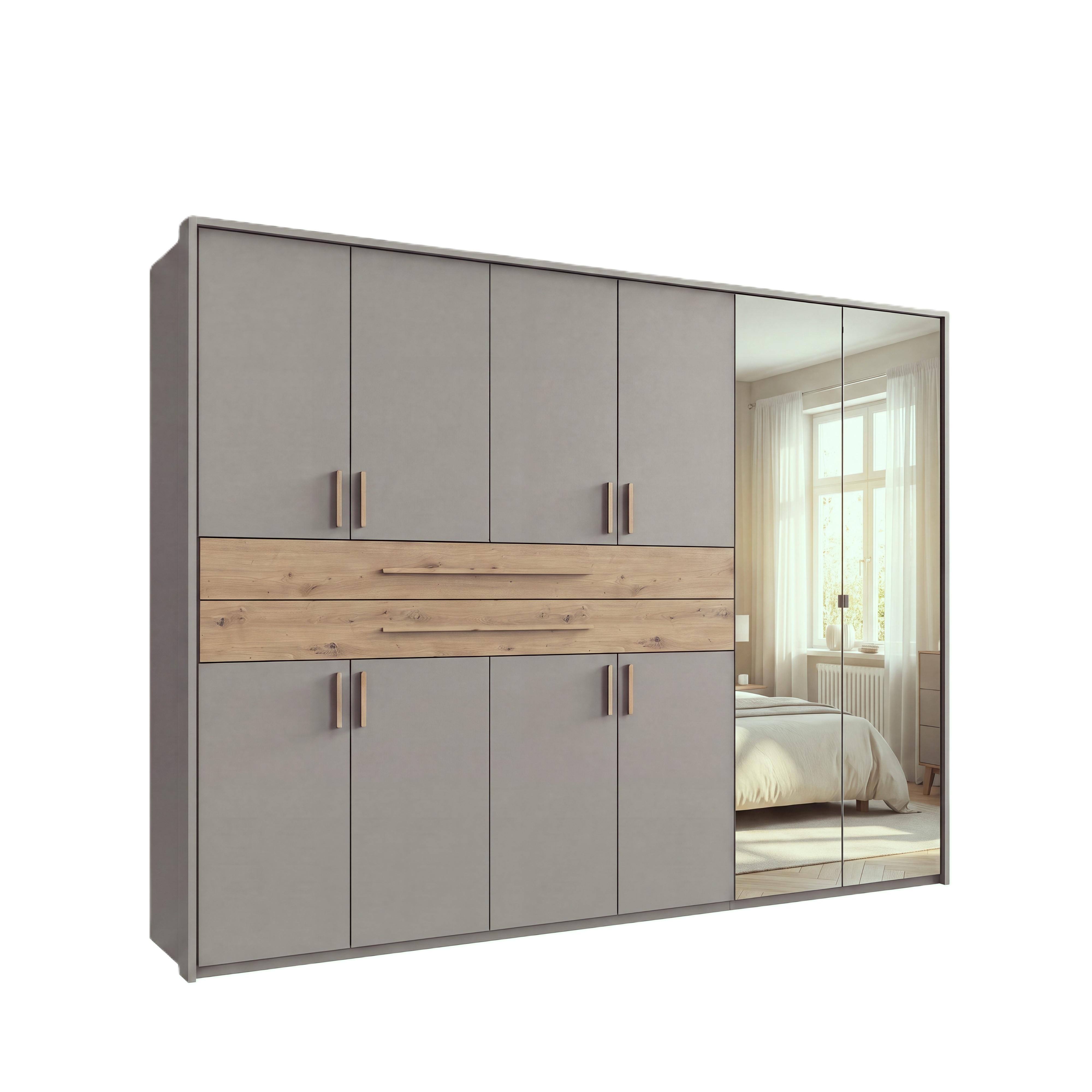 DREHTÜRENSCHRANK B273/H210/T58 cm Sandgrau, Kleiderschrank mit Passepartout, 2 Spiegel, 2 großen Schubkästen & Griffen in Eiche Artisan Dekor / 22650 - Sandfarben/Eiche Artisan, Holzwerkstoff/Kunststoff (273/210/58cm) - luma-home
