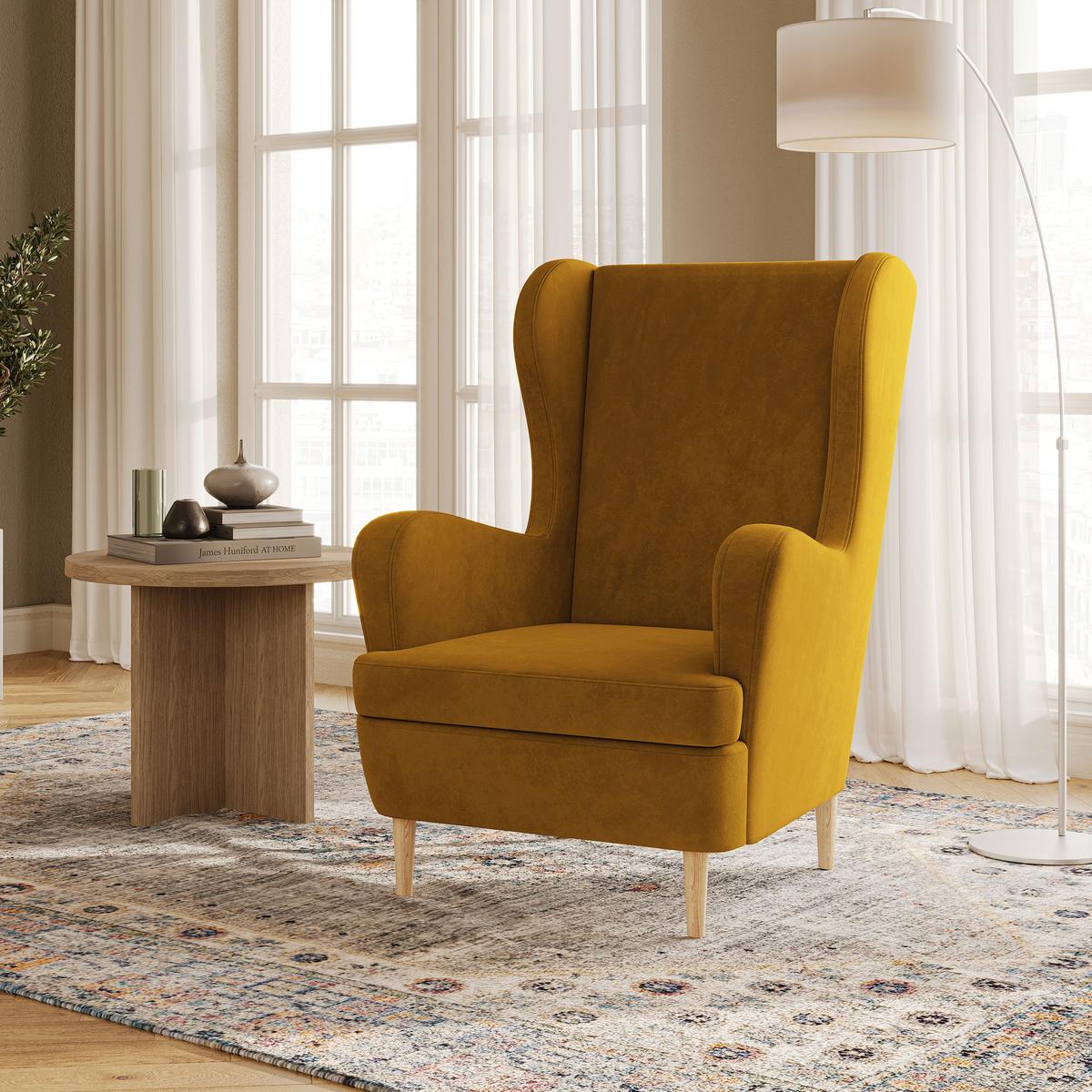 SESSEL VOGERA Ohrensessel Polstersessel, Gelb - Eichefarben/Gelb, Holzwerkstoff (78/103/85cm) - MASSENO
