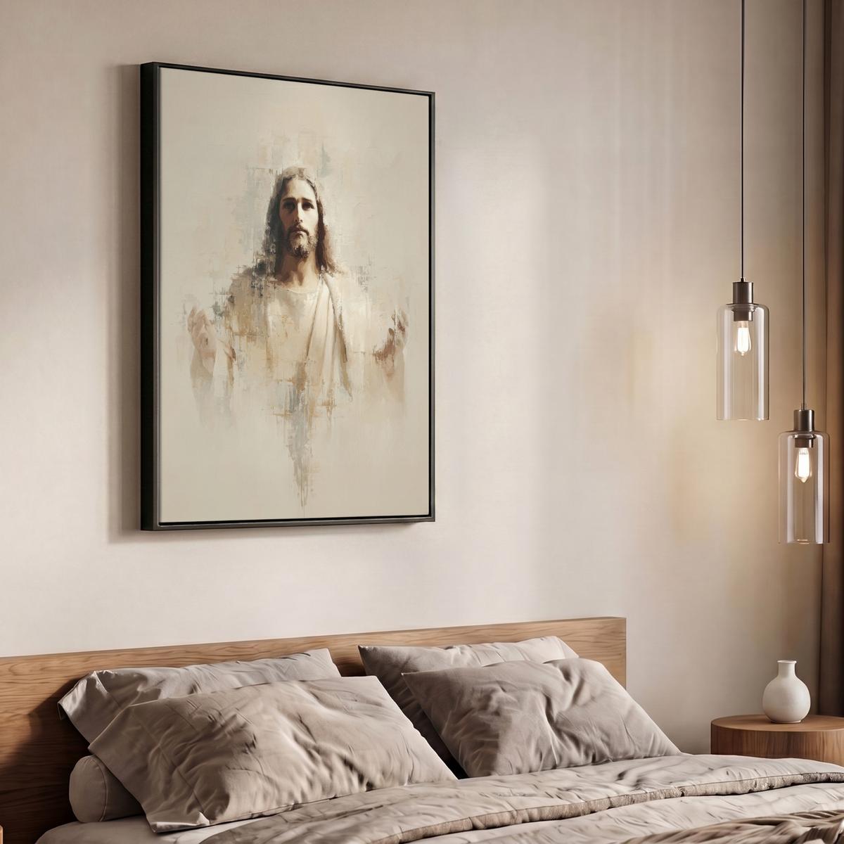 LEINWAND Bilder mit Rahmen - Porträt - Abstrakt - Jesus - Beige - 70x100 - Beige, Textil (70/100cm) - MuchoWow