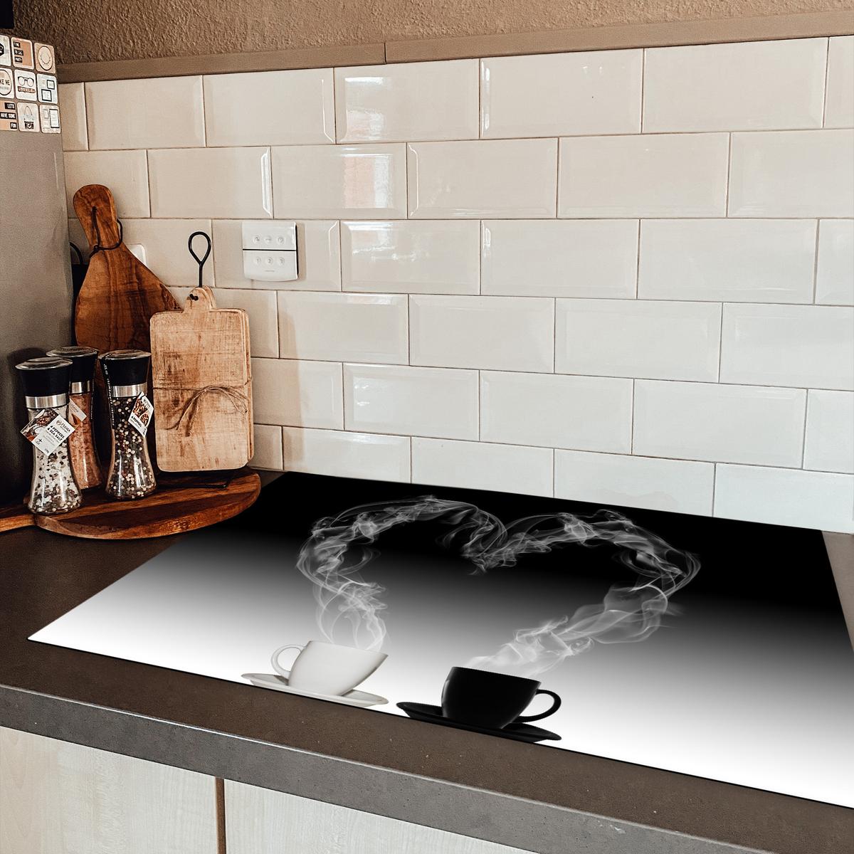 HERDABDECKPLATTE Kaffee - Herz - Schwarz und weiß - Tassen Abdeckung Ceranfeld 81.2x52 cm - Weiß, Kunststoff (81.2/52/0.2cm) - MuchoWow