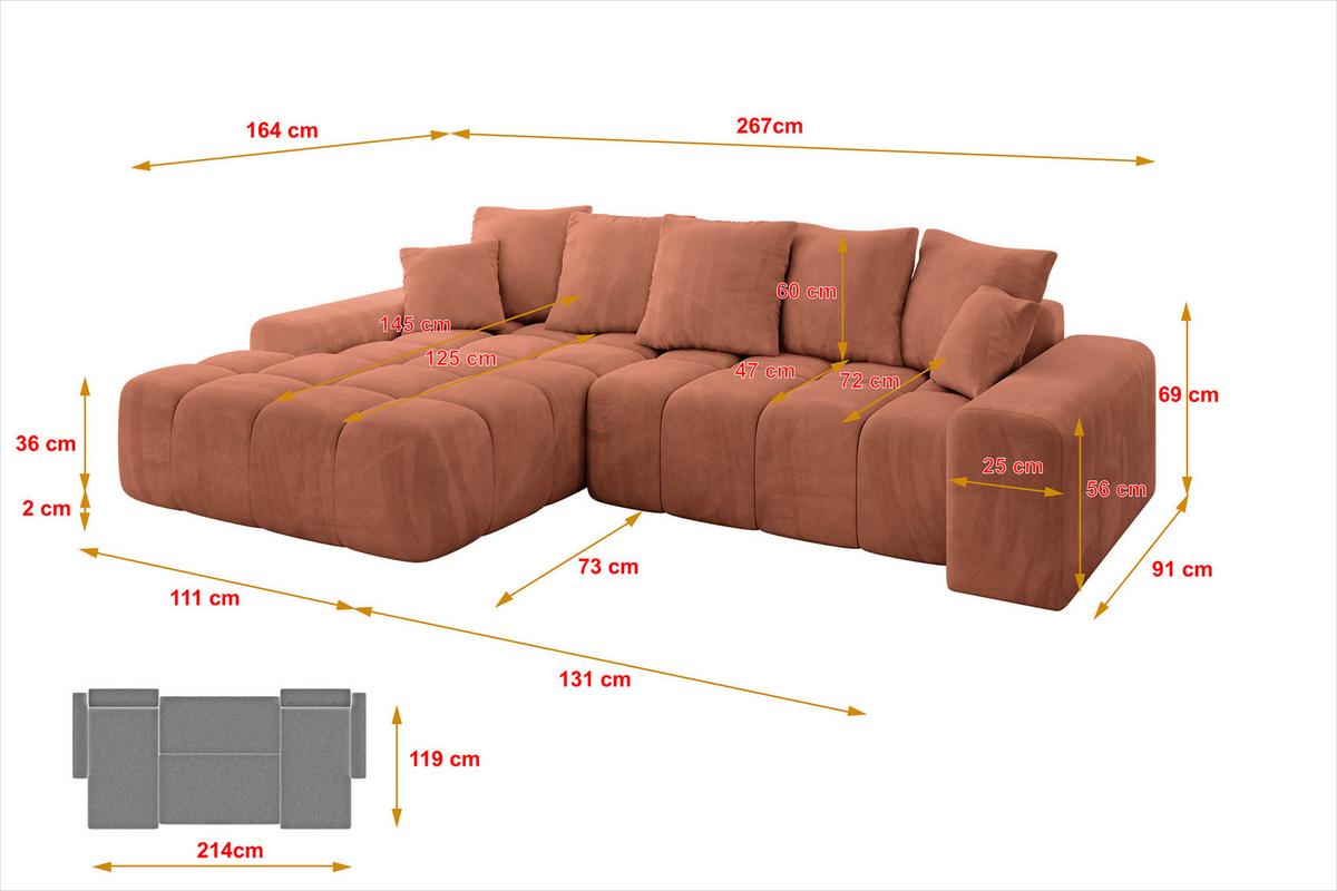 ECKSOFA Ottomane Links ENSI-L - 267x164x69 cm Koralle - Koralle, Holzwerkstoff/Kunststoff (267/164cm) - ALTDECOR