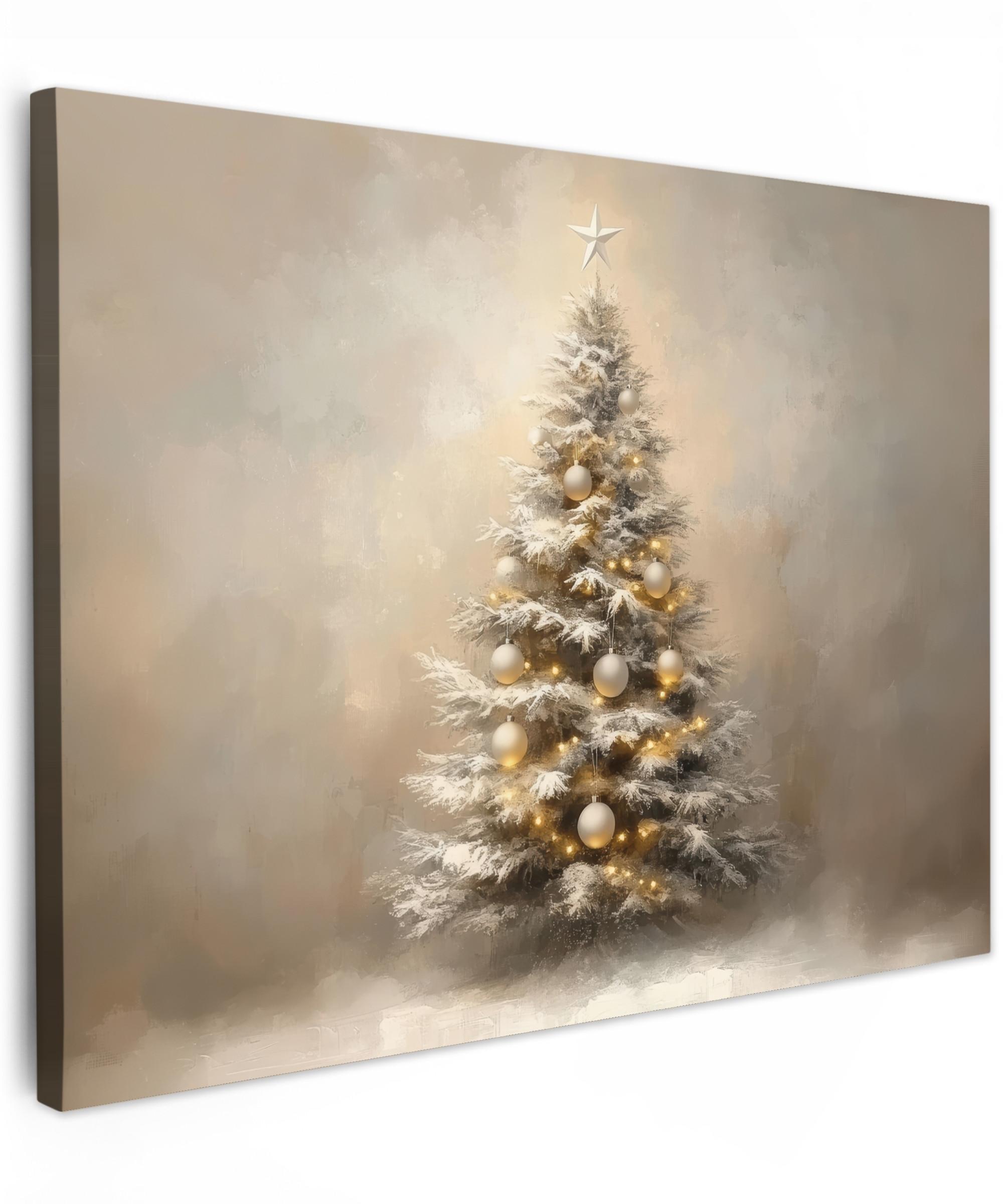 LEINWANDBILD Weihnachten - Weihnachtsbaum - Schnee - Kunst Wandbild 40x30 cm - Champagner, Textil (40/30cm) - MuchoWow