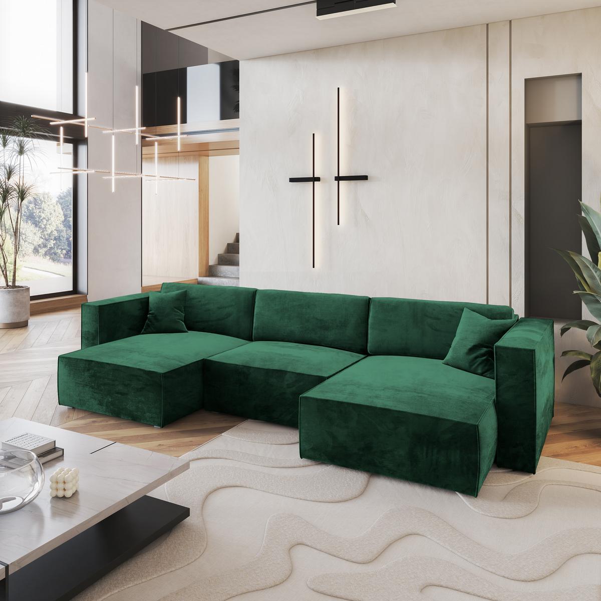 WOHNLANDSCHAFT SARMO M Grün Velours-Stoff mit Schlaffunktion - Grau/Grün, Holz/Kunststoff (347/70/148cm) - MASSENO
