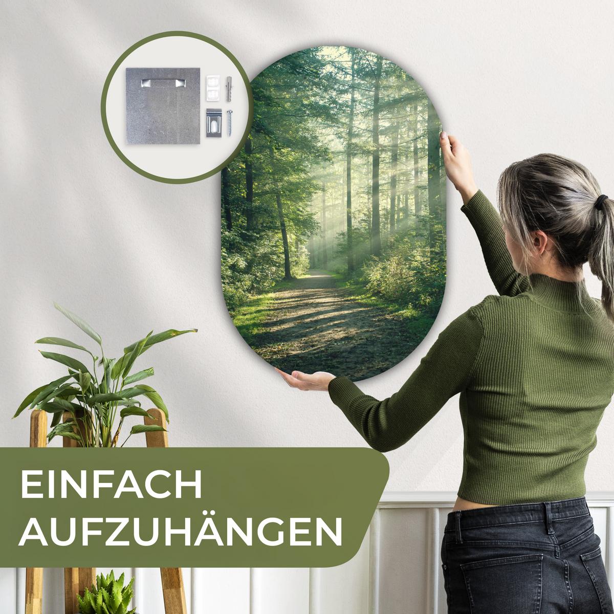 WANDBILD Wald - Weg - Sonne - Bäume - Grün - Natur Wanddeko Schlafzimmer 60x90 cm - Waldgrün, Kunststoff (60/90cm) - MuchoWow