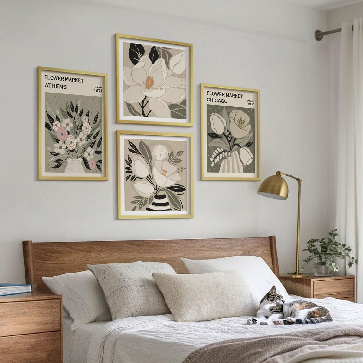BILDER SET 4er Set - 50x50 cm & 40x60 cm Goldrahmen - Retro-Blumenmuster aus verschiedenen Städten - Goldfarben, Kunststoff (50/50cm) - TULUP
