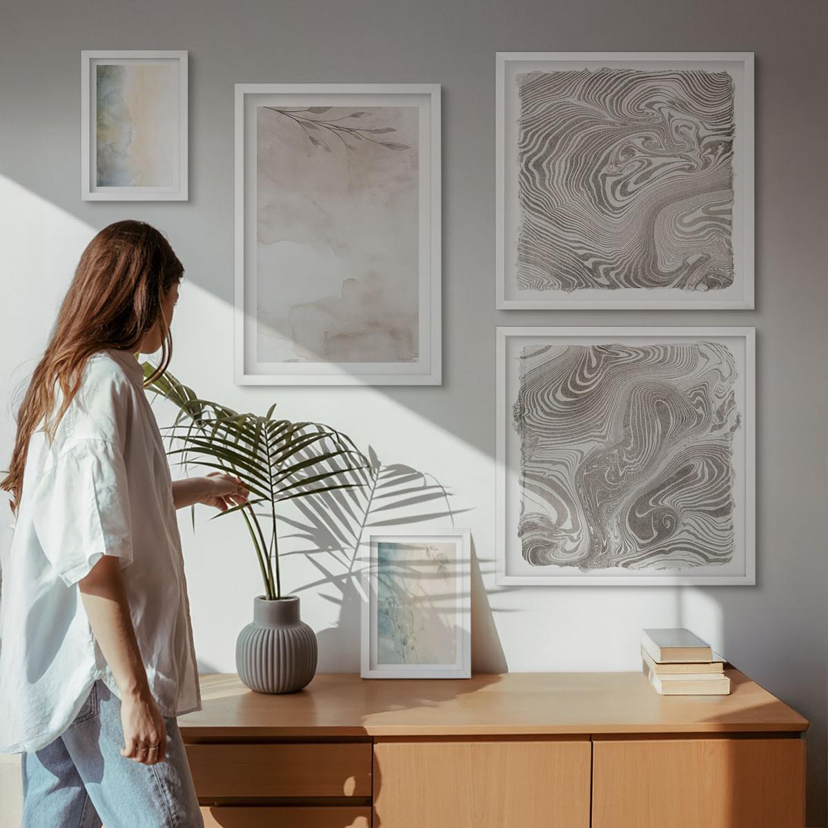 BILDER SET 5er Set - 50x50 cm & 20x30 cm & 40x60 cm Weißer Rahmen - Zarte Aquarellkartons - Weiß, Kunststoff (40/60cm) - TULUP