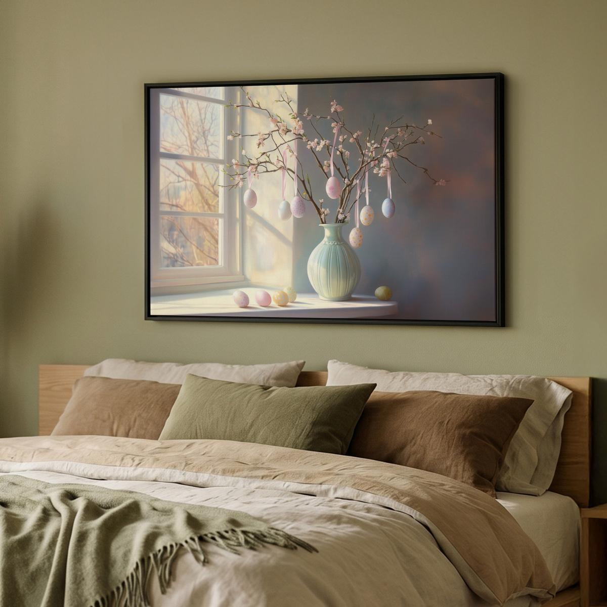 LEINWAND Bilder mit Rahmen - Stillleben - Vase - Osterzweig - 90x60 - Hellblau, Textil (90/60cm) - MuchoWow