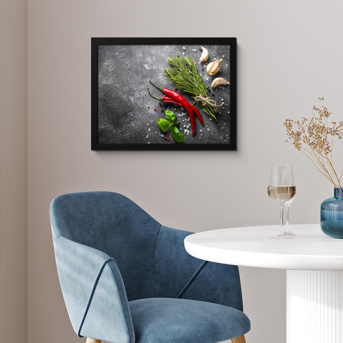 POSTER MIT RAHMENGERAHMTES BILD Pfeffer - Kräuter - Gewürze - Beton 40x30 cm - Dunkelgrau, Papier (40/30cm) - MuchoWow