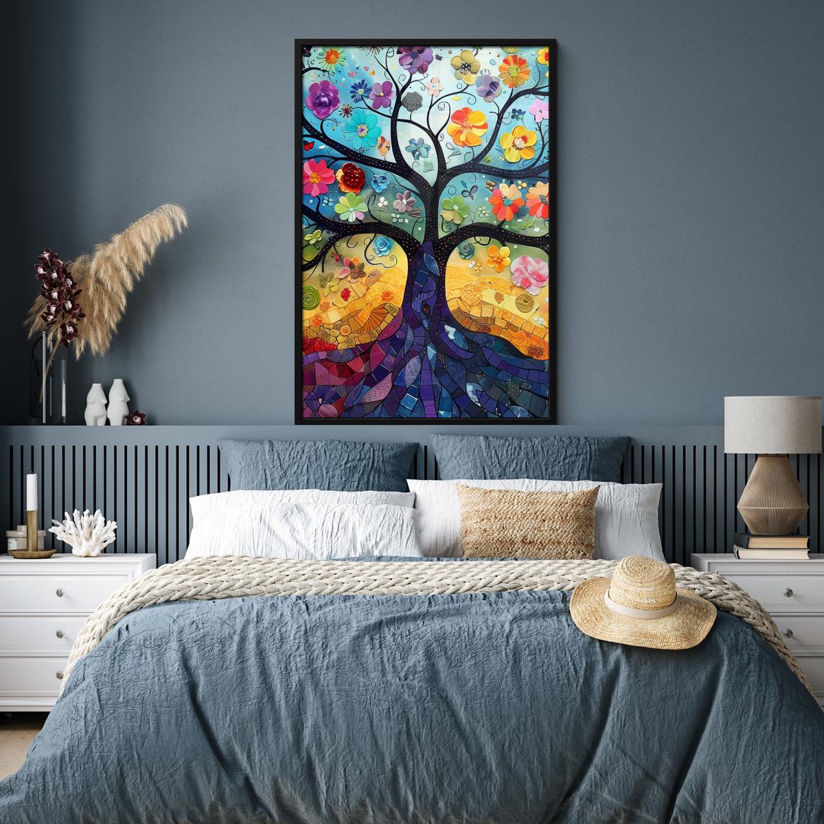 POSTER MIT RAHMEN Kunst - Baum des Lebens - Blumen - Hippie Bilderleiste 80x120 cm - Dunkelblau, Papier (80/120cm) - MuchoWow