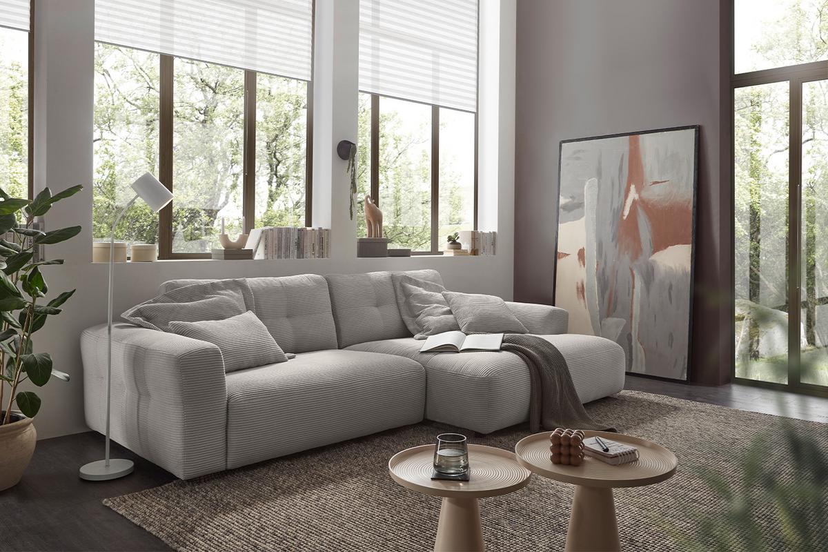 ECKSOFA XL MIKA Hellgrau Cord - Hellgrau/Schwarz, Kunststoff/Textil (296/167cm) - KAWOLA