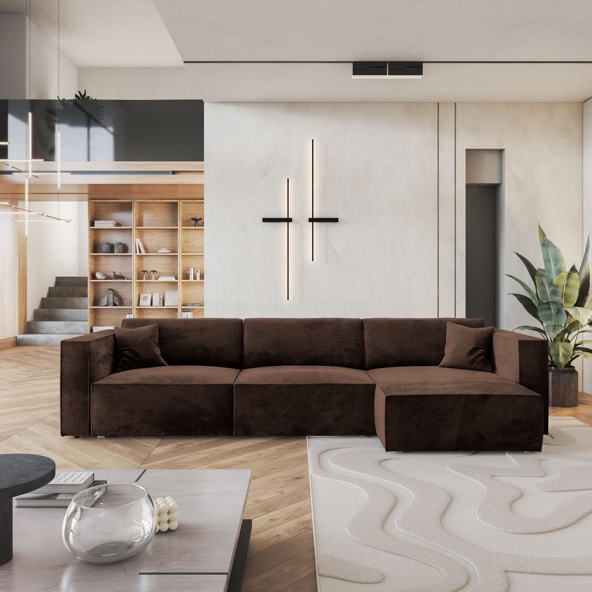 ECKSOFA TOLMO M Braun Velours-Stoff mit Schlaffunktion - Braun/Grau, Holz/Kunststoff (347/148cm) - MASSENO