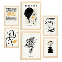 POSTER Set Mit 6 In Schwarzer Tinte Natürlich Künstlerische Und Abstrakte Drucke Für Innenarchitektur A3 & A4 Rahmen Aus Hellem Holz - Beige, Papier (29/3cm) - Nacnic