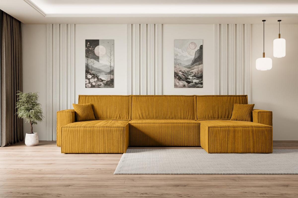 WOHNLANDSCHAFT mit Schlaffunktion und Bettkasten CELTIC-XLU - 377x143x83 cm Senfgelb Cord - Gelb/Schwarz, Holzwerkstoff/Kunststoff (377/83/143cm) - ALTDECOR