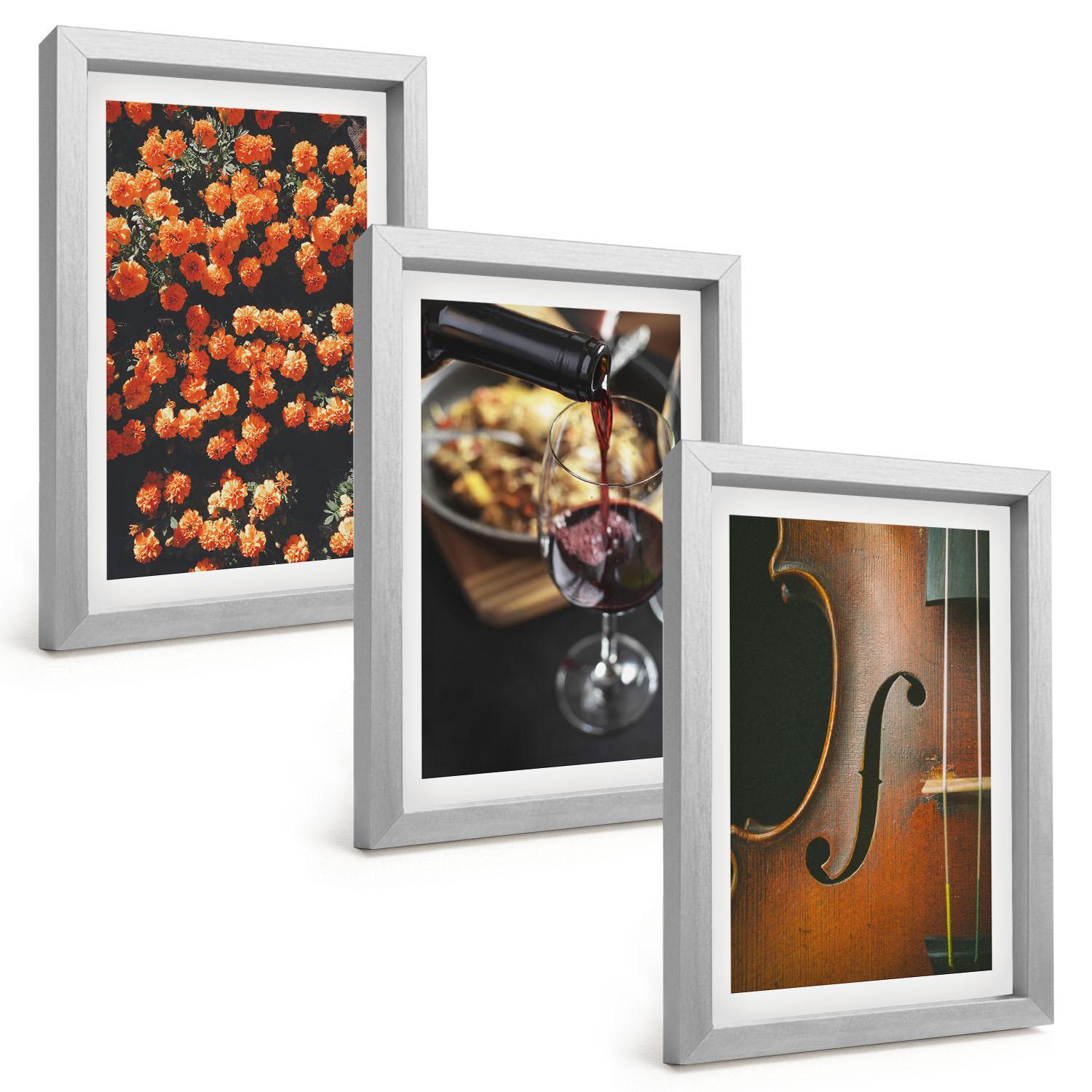 BILDER SET 3er Set - 20x30 cm Silberner Rahmen - Vintage Blumen Wein Geige - Silberfarben, Kunststoff (20/30cm) - TULUP