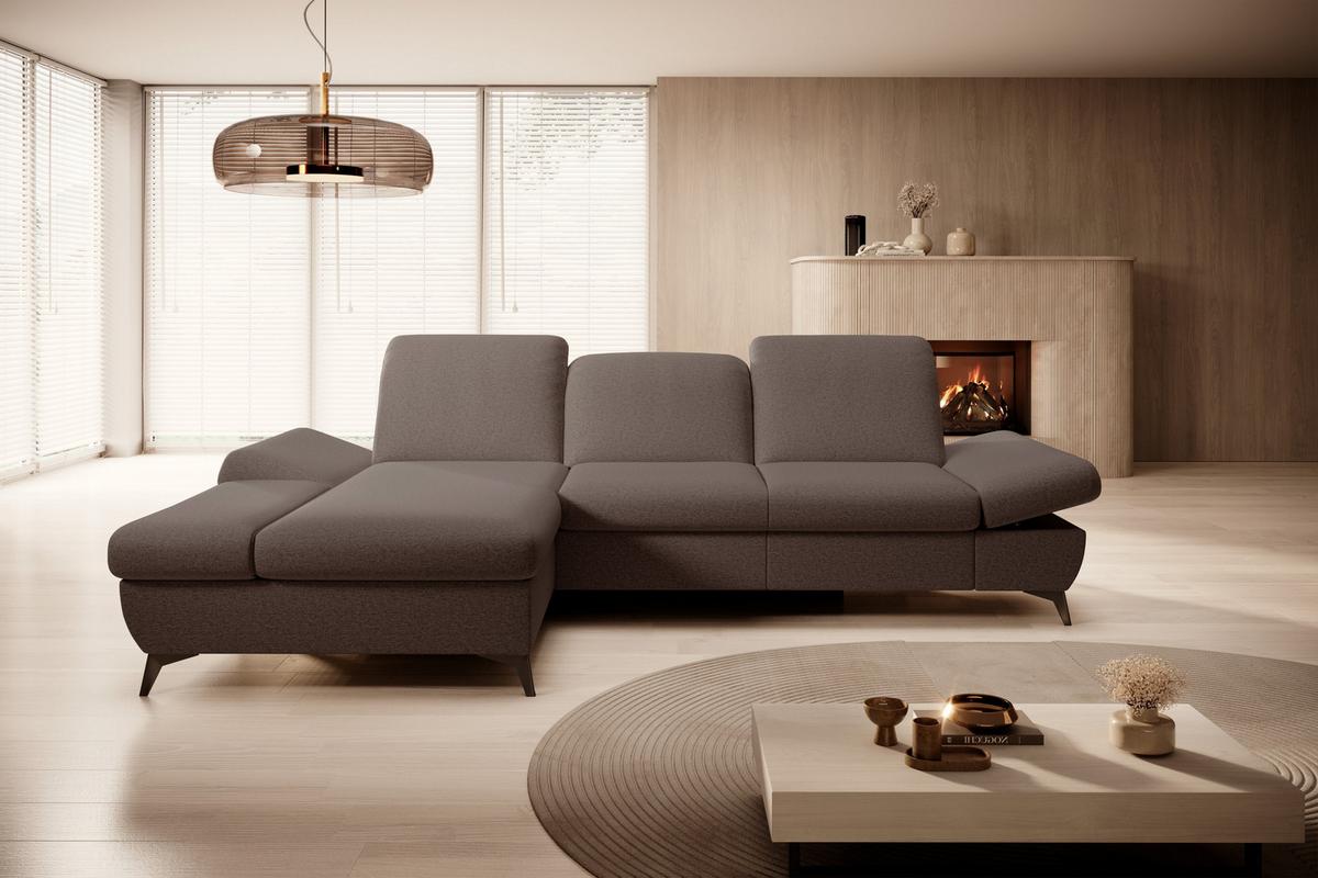 ECKSOFA FELICE L-S Braun Geflochtener Stoff mit Schlaffunktion - Dunkelbraun, Holz (284/166cm) - MASSENO