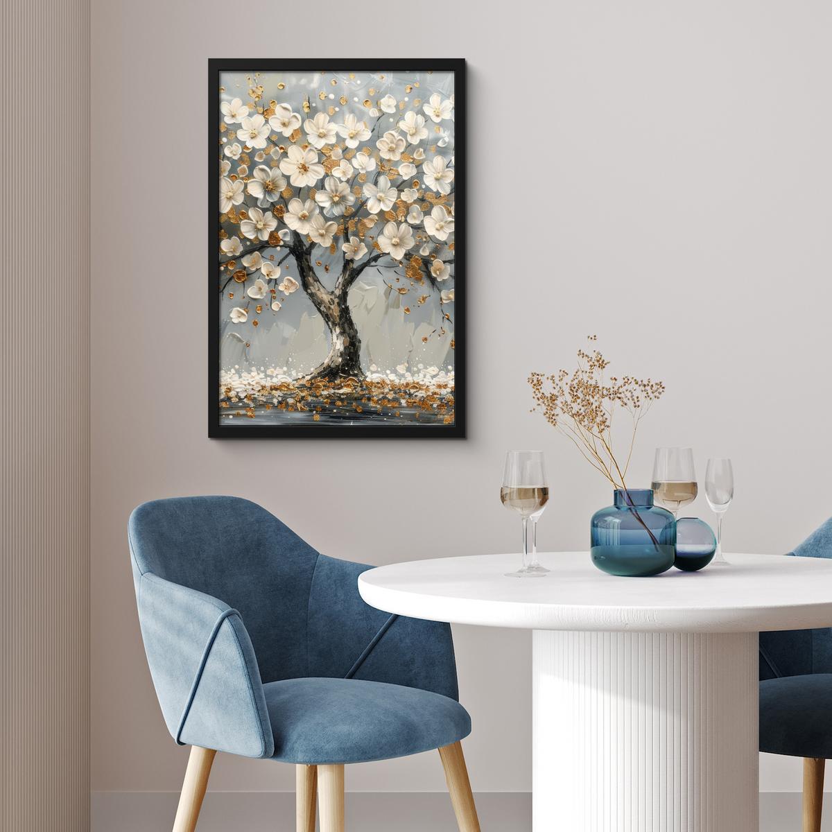 POSTER MIT RAHMEN Baum - Blumen - Weiß - Natur - Kunst Bilder mit Rahmen 40x60 cm - Weiß, Papier (40/60cm) - MuchoWow