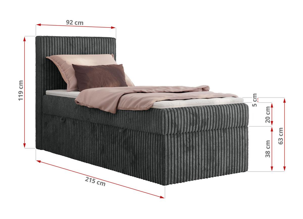 BOXBETT TILIANO 90/200 - Grau Cord - H3 - Visco Topper - Rechts - Grau, Textil (90/200cm) - MKS