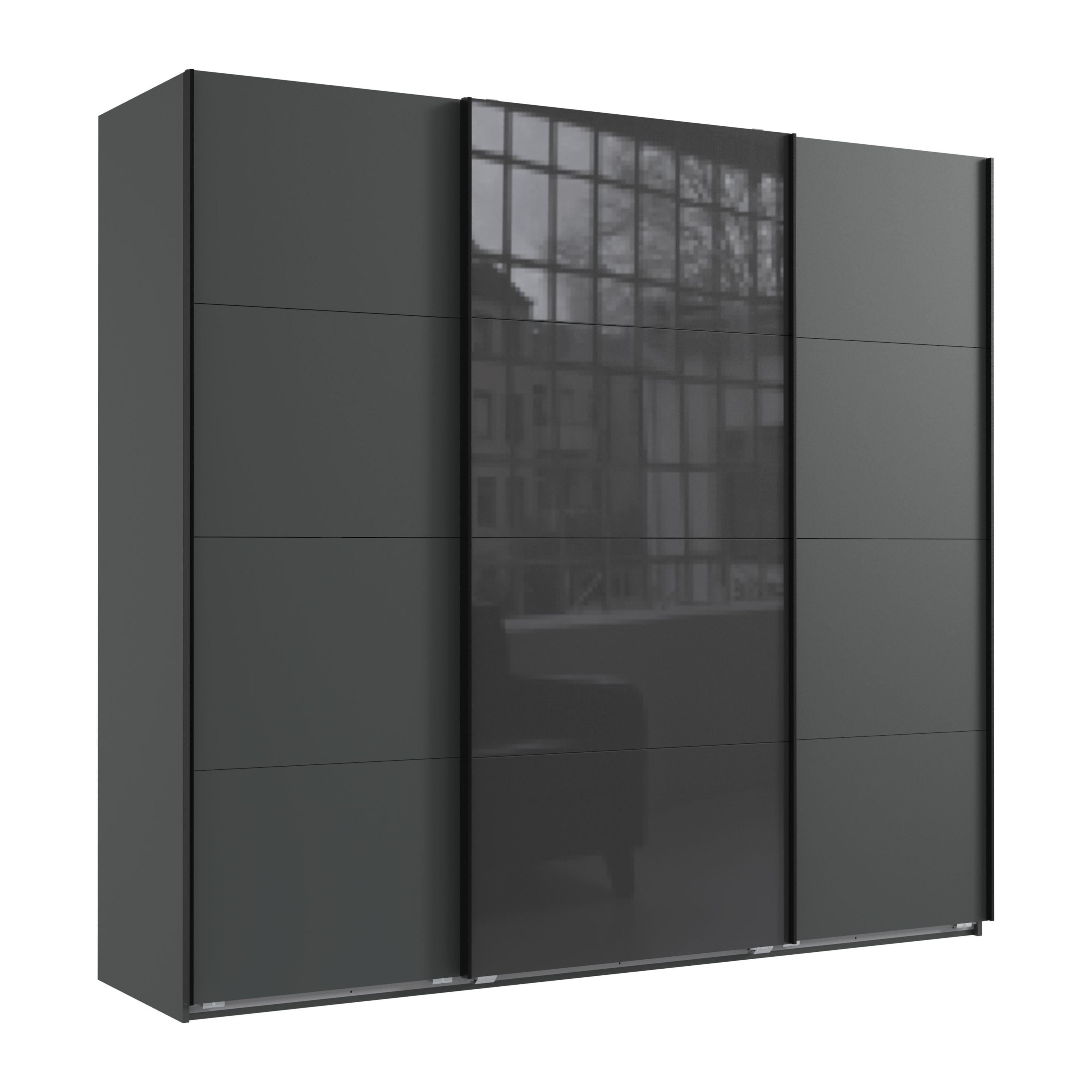 SCHWEBETÜRENSCHRANK 3-türig B225/H208/T64 cm in Grafit, Kleiderschrank mit einer Glasfront-Tür in Grau, / 22523 - Edelstahlfarben/Graphitfarben, Holzwerkstoff/Metall (225/208/64cm) - luma-home